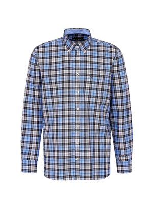 Camicia a maniche lunghe a quadri blu e nera con chiusura a bottoni e colletto; presenta accenti bianchi e una tasca sul petto. Materiale in cotone.