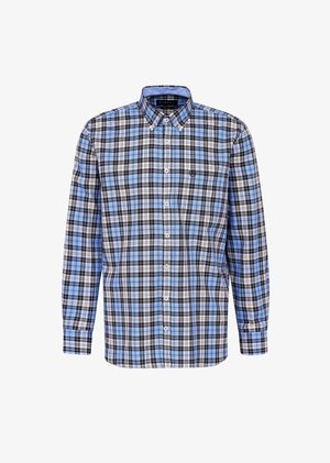 Camicia a maniche lunghe a quadri blu e nera con chiusura a bottoni e colletto; presenta accenti bianchi e una tasca sul petto. Materiale in cotone.