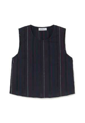 Top sans manches bleu marine avec des rayures verticales cousues rouges et blanches, col rond et une étiquette à l'intérieur du col.