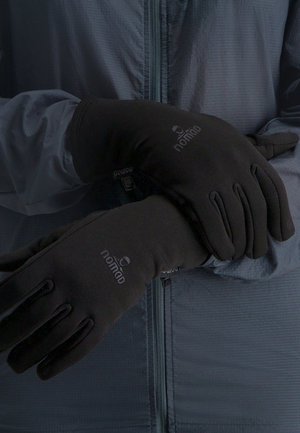 Black fleece gloves feature a snug fit with a smooth texture, logo detail, and an adjustable wrist strap for secure wear.