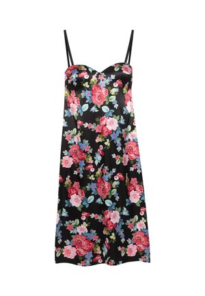 Black slip dress with thin straps, featuring a vibrant floral pattern of red, pink, blue, and green flowers and leaves.