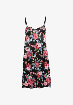 Black slip dress with thin straps, featuring a vibrant floral pattern of red, pink, blue, and green flowers and leaves.