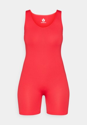 Roter, gerippter Stoff-Body mit Rundhalsausschnitt und ärmellosem Design. Hat eine figurbetonte Form und kurze Beine für einen schlanken Look.