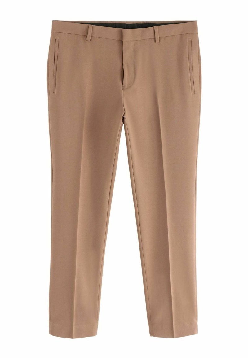 Beige dressipüksid, mis on valmistatud siledast kangast, kahe küljetaskuga, lame eesmine osa ja kitsas, kohandatud sobivus sirgete jalgadega.
