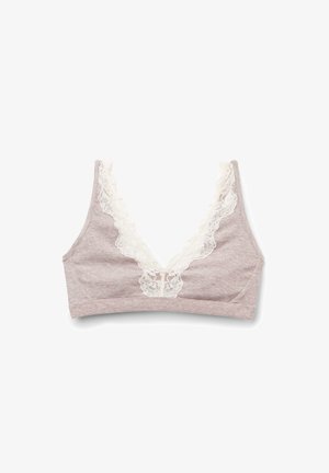 Gray cotton bralette with a deep V-neck, detailed with white lace trim along the neckline and sides; soft texture and seamless design.
