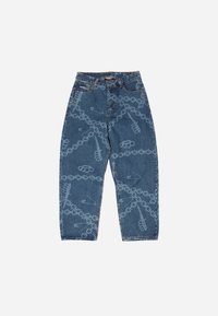 Blue denim jeans with a loose fit, featuring a chain and safety pin pattern. Mid-rise waist and straight legs, with visible stitching details.