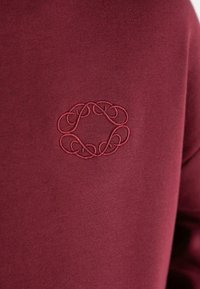 Tessuto bordeaux con un piccolo e intricato motivo ricamato a forma di cerchio in filo abbinato nella zona del petto.