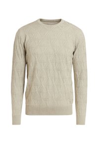 Maglione beige lavorato a maglia con un motivo geometrico, dotato di maniche lunghe e scollo rotondo. Finitura testurizzata e polsini a coste.