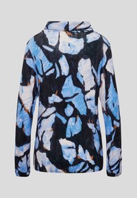 Langarmhemd mit schwarzem Hintergrund und einem blauen und weißen abstrakten Muster, aus weichem Stoff und mit umgeschlagenem Kragen.