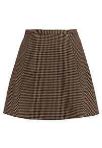 Braun karierten Rock im Hahnentritt-Muster mit ausgestelltem Design, ausgestattet mit hohen Taillen und einer glatten Textur, geeignet für alltägliche Outfits.