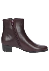Bottes basses bordeaux en cuir lisse avec une fermeture éclair latérale et un petit talon bloc. Semelle en caoutchouc pour une meilleure adhérence et durabilité.