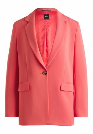Coral blazer with a single button, notched lapels, front pockets, and a smooth texture; features a logoed interior lining.