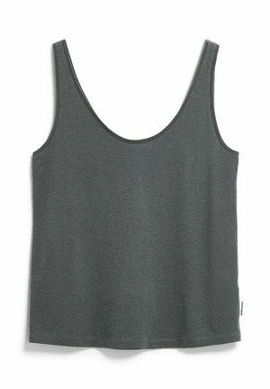 Donkergrijs mouwloos shirt met een ronde halslijn en een klein wit merklabel aan de onderste zijnaad.