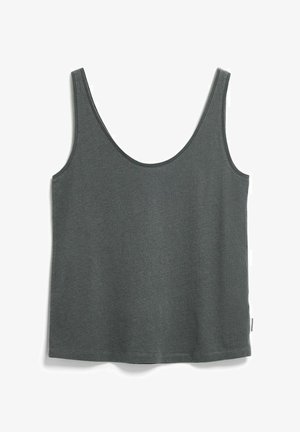 Donkergrijs mouwloos shirt met een ronde halslijn en een klein wit merklabel aan de onderste zijnaad.