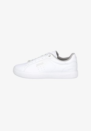 Zapatillas deportivas blancas con parte superior de cuero liso, puntera redonda, suela plana de goma y sutiles detalles grises en el interior y la marca.