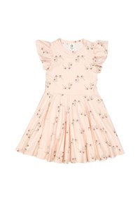 Różowa sukienka z krótkimi falbaniastymi rękawami, okrągłym dekoltem i rozkloszowanym dołem. Posiada kwiatowy wzór z czerwonymi i zielonymi akcentami. Materiał bawełniany.