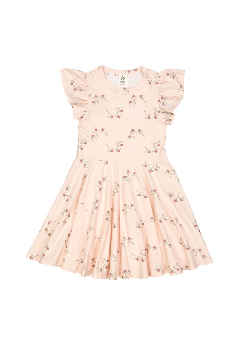 Różowa sukienka z krótkimi falbaniastymi rękawami, okrągłym dekoltem i rozkloszowanym dołem. Posiada kwiatowy wzór z czerwonymi i zielonymi akcentami. Materiał bawełniany.