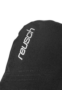 Schwarze Stoffmütze mit gesticktem "reusch"-Logo in Weiß. Verfügt über Nähakzente und ein glattes, strukturiertes Design.