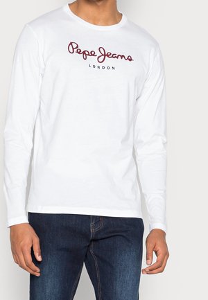 T-shirt à manches longues blanche en coton, arborant un logo "Pepe Jeans London" bordeaux sur la poitrine. Design simple à col rond.