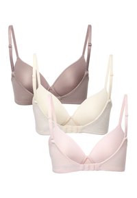 Drei gepolsterte BHs in Mauve, Creme und Hellrosa, jeweils mit verstellbaren Trägern und rückseitigen Hakenverschlüssen, arrangiert in einer geschichteten Darstellung.