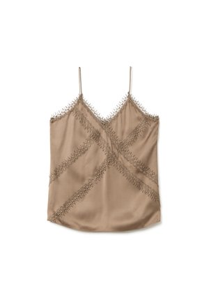 Camisole en satin brun avec de fines bretelles réglables, des accents brodés complexes et un design croisillon à l'avant.