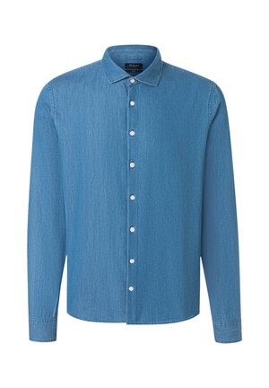 Hellblaues Jeanshemd mit langen Ärmeln, weißen Knöpfen und klassischem Kragen, vorderseitigem Knopfverschluss und schlichter Gestaltung.