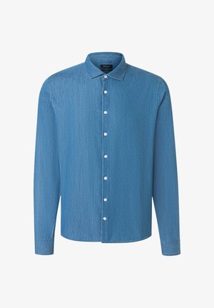 Hellblaues Jeanshemd mit langen Ärmeln, weißen Knöpfen und klassischem Kragen, vorderseitigem Knopfverschluss und schlichter Gestaltung.