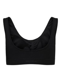 Sujetador deportivo negro sin costuras con tirantes anchos y escote redondeado, con una discreta marca "ONLY PLAY" en la banda.