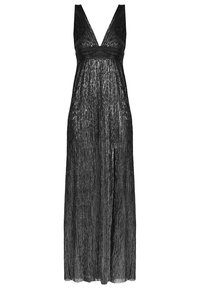 Black, sleeveless dress with a deep V-neck, pleated texture, and flowy silhouette, designed for a formal or evening wear occasion.