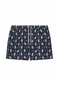 Șorturi de baie de culoare bleu marin, cu un elastice la talie, prezentând un model jucăuș cu urși de desene animate, cufere de salvare și ancore. Material din amestec de bumbac.