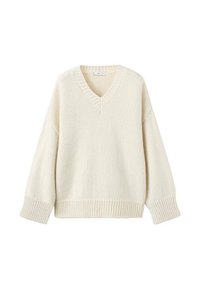 Maglione crema a scollo a V con orlo e polsini a coste, texture lavorata a maglia, vestibilità rilassata, con spalle scese per un maggiore comfort.