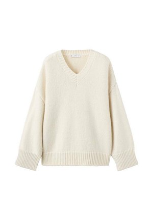 Maglione crema a scollo a V con orlo e polsini a coste, texture lavorata a maglia, vestibilità rilassata, con spalle scese per un maggiore comfort.