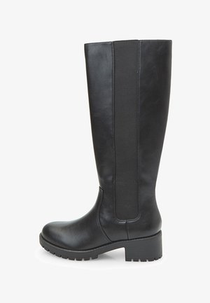 Black knee-high boots with a smooth leather finish, elastic side panels, rounded toe, and a textured rubber sole with a low heel.