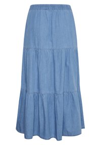 Ljust blå denimkjol med volanger, elastisk midja och rufsat nederkant, med en mjuk textur och en avslappnad A-linjeform.