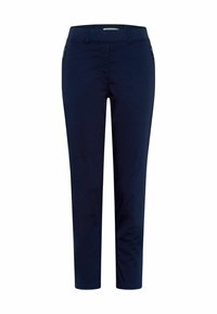 Marineblaue Baumwollmischung-Hosen mit schmaler Passform, flacher Vorderseite, Seitentaschen und subtilen Stichdetails.