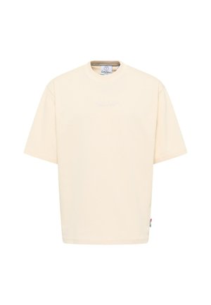 Beige short-sleeve t-shirt made from cotton with a crew neckline. Features subtle logo embroidery and a small flag tag on the side.