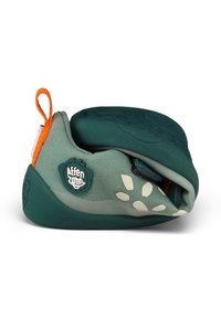 Chaussure de bébé pliable flexible vert et gris avec des accents blancs en forme de pétale et un onglet de traction orange, marquée avec un badge logo "Affen Zohn".