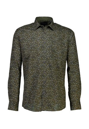 Chemise à manches longues à imprimé floral vert foncé avec de petites fleurs multicolores. Dotée d'une fermeture à boutons sur le devant et d'un col classique.