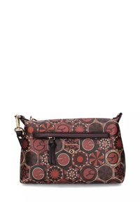 Borsa a tracolla rettangolare con motivo geometrico rosso, marrone e beige, tasca frontale con zip, con tirante a frangia e dettagli della tracolla regolabile.