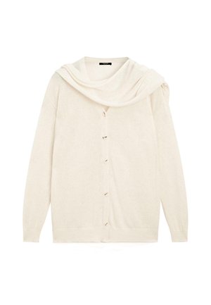 Ljust beige cardigan med en draperad krage och knäppning fram, med långa ärmar och en mjuk struktur.