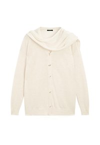 Cream knitted cardigan with a cowl neck, front buttons, long sleeves, ribbed cuffs, and hem. Soft texture and lightweight design.