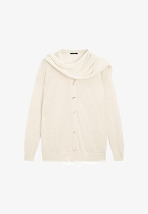 Cremefarbener Strickcardigan mit Schalkragen, Vorderknöpfen, langen Ärmeln, gerippten Bündchen und Saum. Weiche Textur und leichtes Design.