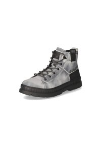 Botte montante grise à lacets avec semelle noire et marquage "Bugatti" sur le côté, présentée sur fond blanc.