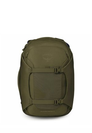 Sac à dos de voyage Olive green Osprey Sojourn Porter 30 avec sangles de compression et multiples compartiments zippés.