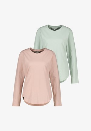 Zwei schlichte Langarmshirts mit Rundhalsausschnitt, eines hellrosa vorne und eines hellgrün hinten, beide mit geschwungenen Saumlinien.
