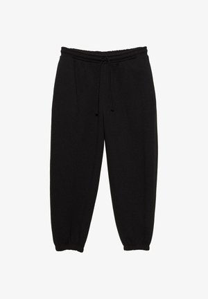 Pantaloni de trening negri cu talie elastică și șnur reglabil. Manșete la glezne cu o textură moale și netedă. Fără modele sau accente.