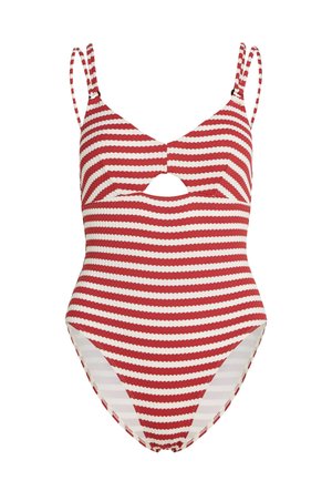 Rot-weiß gestreifter Badeanzug mit horizontalen Streifen, doppelten dünnen Schulterriemen und einem kleinen Ausschnitt vorne unter der Brust.