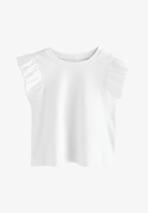 Top blanco sin mangas con textura acanalada, escote redondo y detalles de volantes en los hombros, mostrado sobre un fondo blanco.