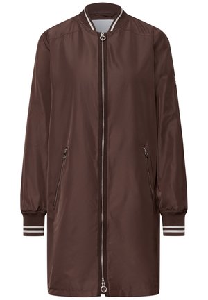 Longue veste bombardier marron avec fermeture éclair à l'avant, poches latérales zippées, col et poignets côtelés avec rayures blanches.