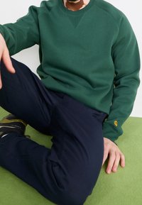 Groene crewneck sweater met geribbelde hals, gecombineerd met marineblauwe broek. De sweater heeft een klein logo op de manchetten; de stof oogt zacht en gestructureerd.